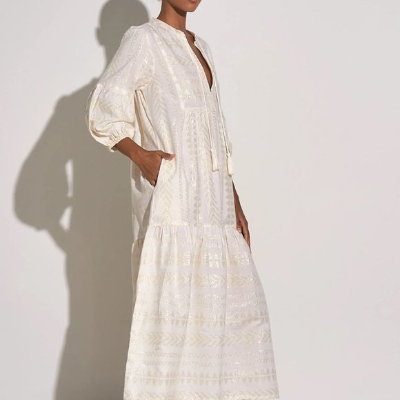Elan NWOT Coastas Kaftan Maxi Dress White & Gold Bohemian Vacation Sz XS - Picture 2 of 7